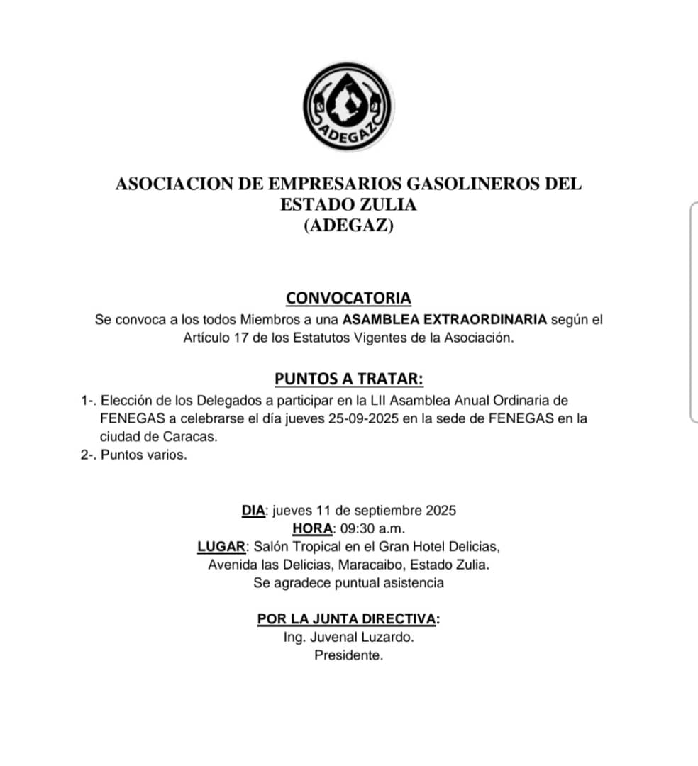 ASOCIACION DE EMPRESARIOS GASOLINEROS DEL ESTADO ZULIA (ADEGAZ) CONVOCATORIA