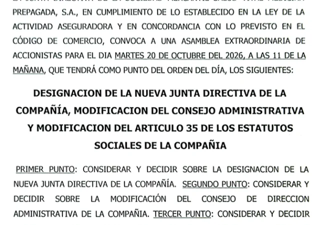 CONVOCATORIA: SALUD VITAL MEDICINA PREPAGADA, S. A.