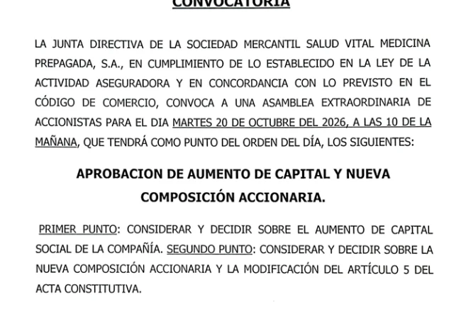 CONVOCATORIA: SALUD VITAL MEDICINA PREPAGADA, S A