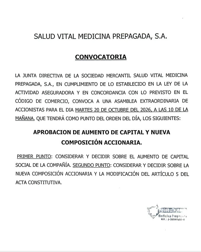 CONVOCATORIA: SALUD VITAL MEDICINA PREPAGADA, S A