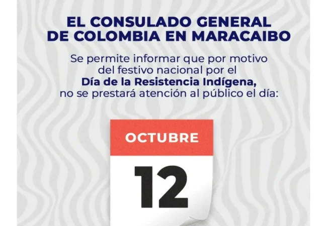 Consulado de Colombia en Maracaibo suspenderá atención al público el 12 de octubre por feriado nacional